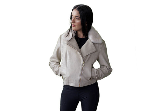 Ivory Leather Jacket With Mink Collar | ma-vie.in